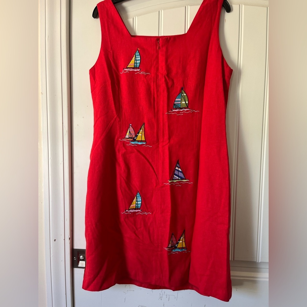 Vintage Ultra Red Sailboat Embroidered Linen Blend Sheath Dress Women’s Size 14 - Picture 7 of 14